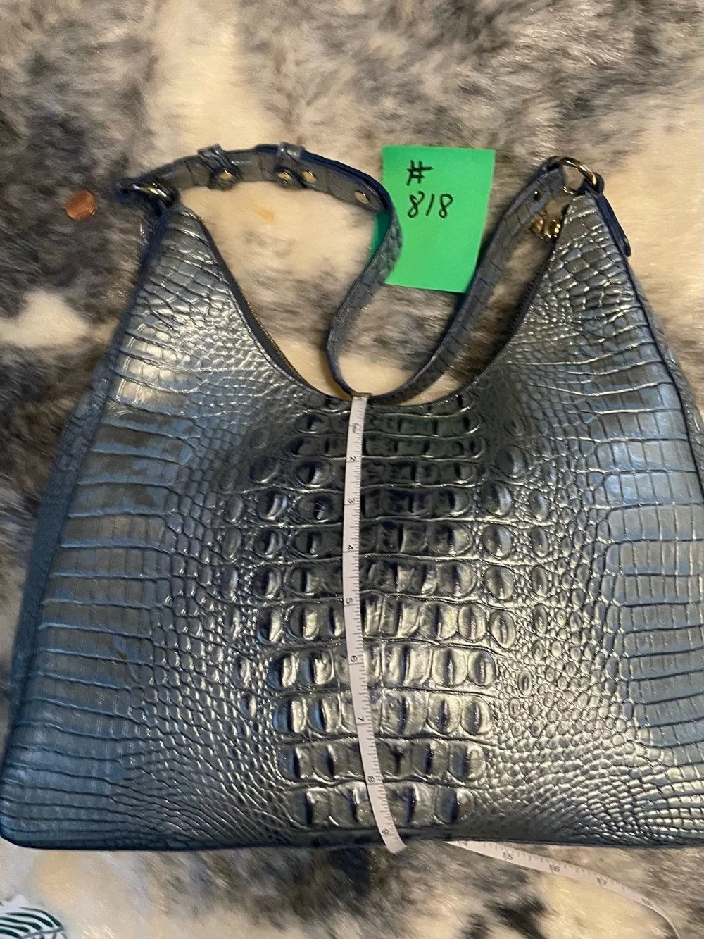 Brahmin Blue Gray Croc Embossed Leather Shoulder Bag